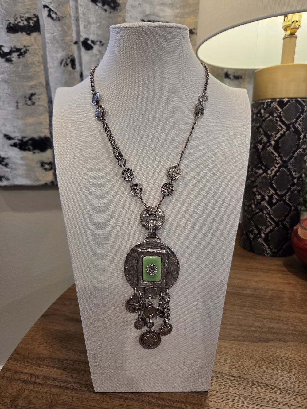 Vintage 1980 French Entre Guillemets Silver Necklace with Green Porcelain Accent